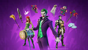 Fortnite DC角色小丑、毒藤女和金色英雄，漂浮武器，紫色星爆背景。