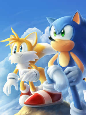 Sonic 同 Tails 坐喺岩石上，後面有藍天同雲。