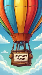 色彩繽紛的熱氣球，帶有「Adventure Awaits」標誌，漂浮在天空中