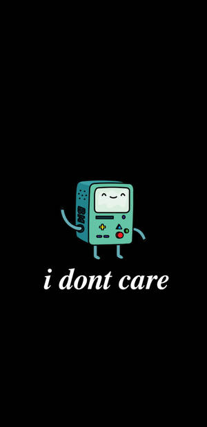 青綠色卡通遊戲機，有手臂、腿和微笑，在黑色背景上說 i dont care