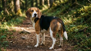 一隻比高獵犬站在森林小徑上，周圍有苔蘚和樹木