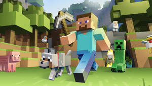 Minecraft 角色手持鎬子與動物在方塊森林中