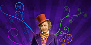 一個穿著紫色外套和紅色高帽的奇思妙想角色，帶有旋轉的彩色藤蔓。
