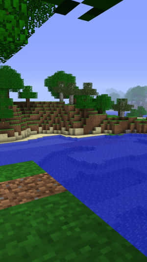 Minecraft像素藝術景觀，包含樹木、山丘和水