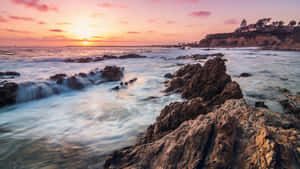夕陽映照岩石海岸，海浪拍打，天空呈現粉紅橙色