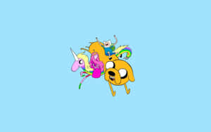 Finn、Jake 和 Bubblegum 公主在淺藍色背景上騎著彩虹獨角獸。 — 卡通網絡角色 壁紙