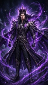 一位戴著暗色王冠的黑色盔甲動漫戰士，被紫色魔法能量包圍。 — 我獨自升級 壁紙