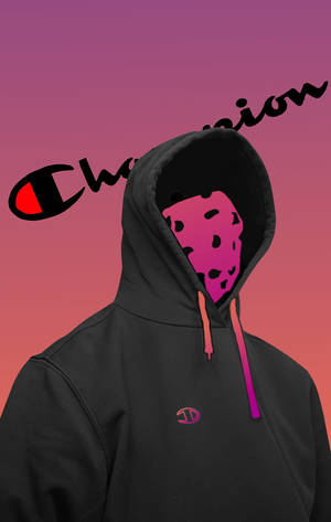 穿著黑色Champion連帽衫和粉紅色豹紋口罩的人，背景是粉紅色日落。