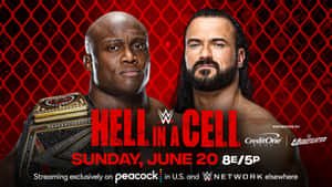WWE摔角手在Hell in a Cell活動中對峙，帶有冠軍腰帶和廣播資訊。