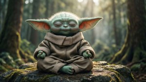 Baby yoda 盤腿坐在長滿苔蘚的岩石上，在陽光明媚的森林中冥想。