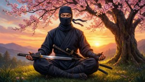 忍者在櫻花樹下日落時冥想手持刀