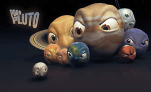 帶有臉部的卡通行星在太空中看著觀眾，並帶有 'Poor Pluto' 文字。