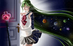 綠髮動漫少女穿著宇宙水手服，在門附近拿著發光的法杖。 — 可愛動漫女仔 壁紙