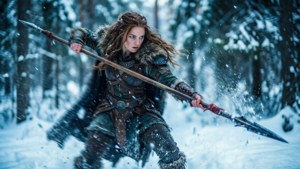 一位穿著冬季裝備的女戰士手持長矛在雪林中奔跑。