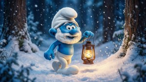 藍精靈手持燈籠在夜晚的雪地森林中行走