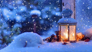 在藍色冬夜天空下，雪地中的發光燈籠和松果。 — 午夜 壁紙