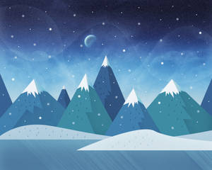 在星空夜空下，有新月，積雪的山脈。