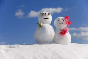 兩個拿著花朵的雪人在藍天下的雪地裡一起微笑。 — 冬日美學 壁紙