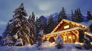 暮色中雪地森林裡溫暖燈光的舒適小屋。 — 聖誕節桌面 壁紙