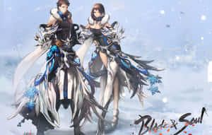 兩個身穿冰鎧甲的動漫戰士站在雪景中。