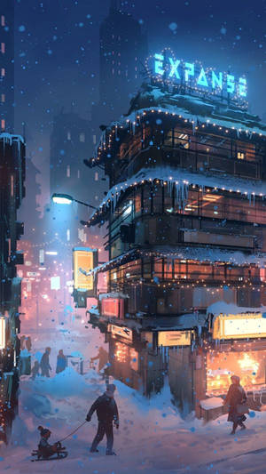 落雪嘅城市夜景，有發光招牌同埋喺雪中行走嘅人。 — 動畫手機GIF 壁紙