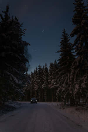 汽車在星空下夜間行駛於雪覆蓋的森林