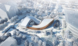未來主義曲線建築，帶有木質面板，位於雪中的城市公園，降雪期間。