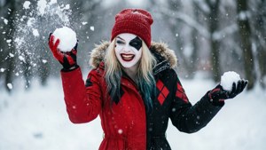 身穿冬季外套和小丑妝的女子在雪地森林中扔雪球。 — 哈莉·奎茵 壁紙