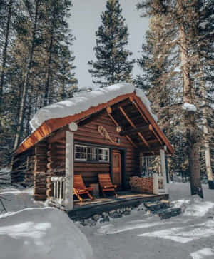 雪地森林中舒適的小木屋，門廊上有木椅。
