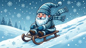 聖誕老人在松樹和雪花背景下乘雪橇滑下雪坡。