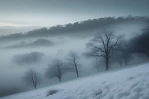冬日裡，白雪覆蓋的山坡上，光禿的樹木從霧氣瀰漫的山谷中顯現。