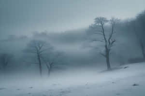 灰色天空下，濃霧中出現光禿樹木的雪坡 — 冬日美學 壁紙