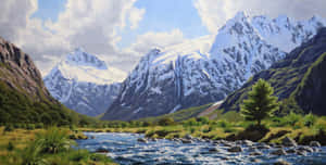 一條河流流經山谷，背景是雪山。 — 冬季 壁紙