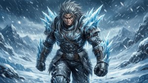 冰封的戰士身著冰甲，站在白雪覆蓋的山脈的暴風雪中。