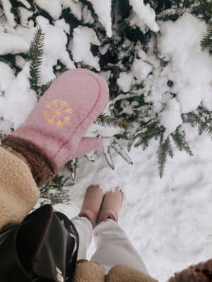 穿著帶有金色雪花的粉紅色手套和靴子的人站在積雪的松樹枝上。 — 美學 壁紙