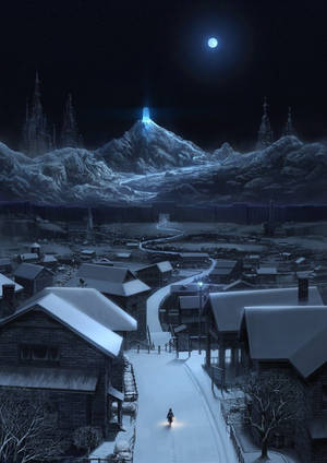 一位騎單車者在夜晚獨自穿過白雪覆蓋的村莊，在發光的月亮下。 — 月亮 壁紙