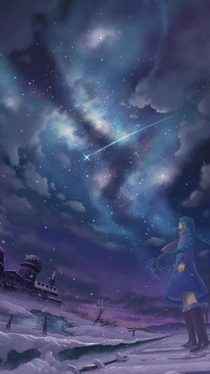 穿著藍色外套的動漫女孩在夜晚觀看雪景上空的流星。