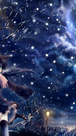 冬夜中，雪花飄落，路燈發光的動漫女孩。