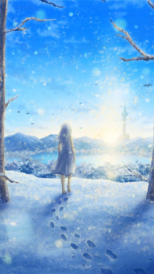 一個穿著白色連衣裙的女孩在雪地中走向冬季森林中發光的塔樓。