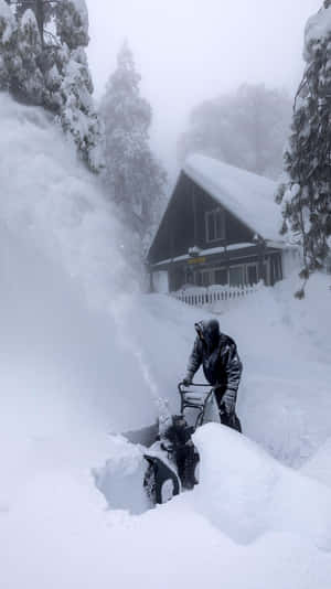 在雪地森林的小屋附近，用吹雪機清理積雪的人。