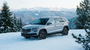 銀色斯柯達Kodiaq SUV停放在白雪覆蓋的山地地形上，背景有常綠樹木和白雪皚皚的山峰