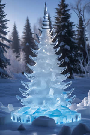 在白雪皚皚的冬季森林中發光的藍色冰聖誕樹雕塑 — 樹 壁紙