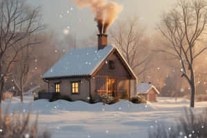 一間舒適的小屋，帶有溫暖的燈光和升起的煙霧，在白雪皚皚的冬季森林中。 — 冬天 壁紙