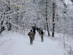 士兵在雪地森林中穿著迷彩裝備行走。 — 冬天桌面 壁紙
