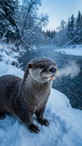 冬季森林中流動河流旁的雪岸上的水獺 — 水獺 壁紙