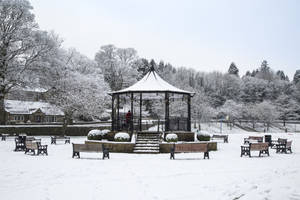 雪覆蓋了公園涼亭和長椅，在灰色的冬季天空下。