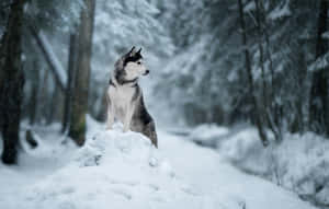 冬季雪林中，哈士奇坐在積雪的小丘上。 — 可愛狗狗gif 壁紙