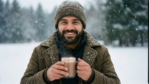 穿著冬季外套和帽子的男子在雪地森林中手持熱朱古力。