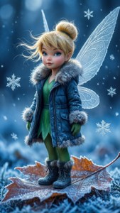一個穿著冬季外套的仙子，站在雪地森林中一片結霜的葉子上。