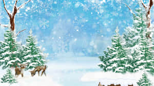 兩隻鹿在白雪覆蓋的松林中，雪花飄落，天空湛藍明亮。